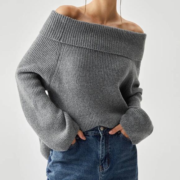 Commense Gray Oversized Overfold Off The Shoulder Knit Sweater S NWT - Picture 1 of 8